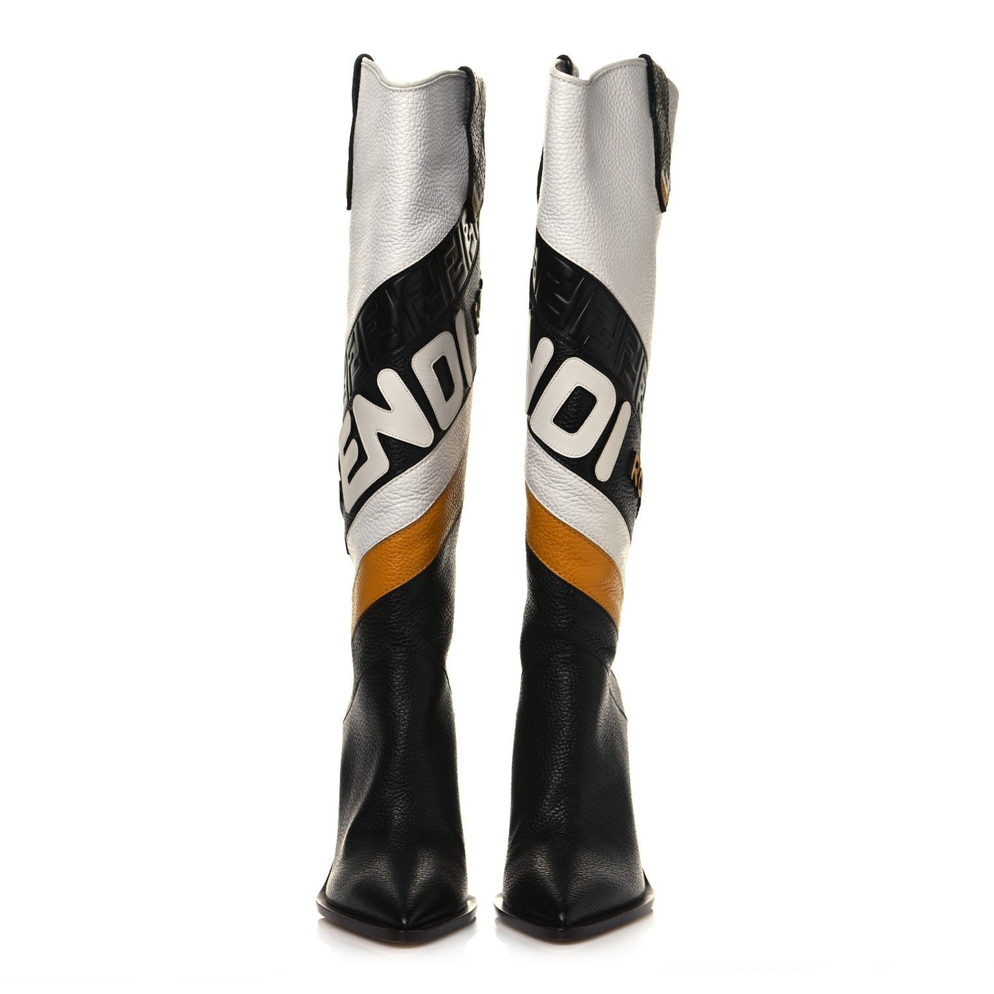 X FILA Grained Calfskin Mania FF 1974 Embossed Cutwalk Tall Boots 41 Black Zucca White