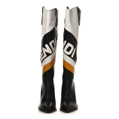 Fendi X FILA Grained Calfskin Mania FF 1974 Embossed Cutwalk Tall Boots 41 Black Zucca White 2 of 7