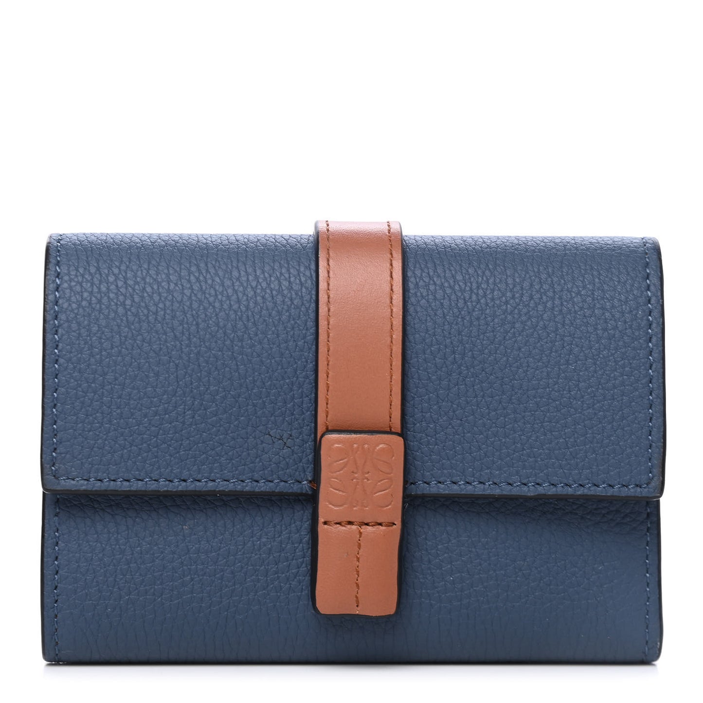 Grained Calfskin Small Vertical Wallet Steel Blue Tan