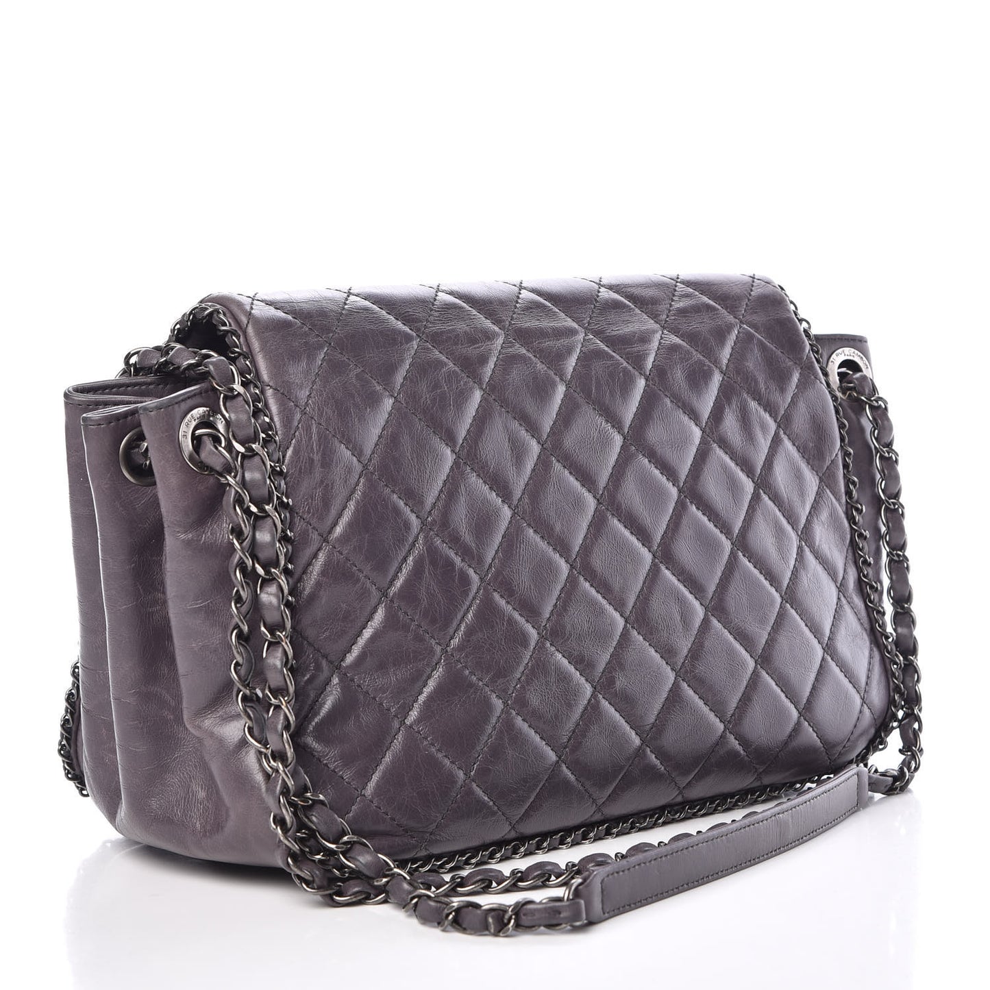 Calfskin Quilted Large CC Enchained Accordion Flap Grey