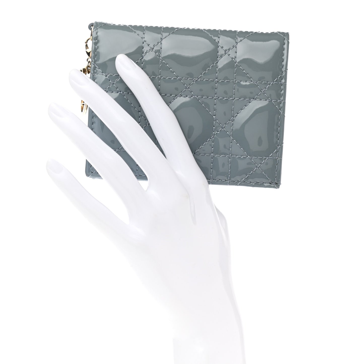 Patent Cannage Mini Lady Dior Wallet Gray Stone
