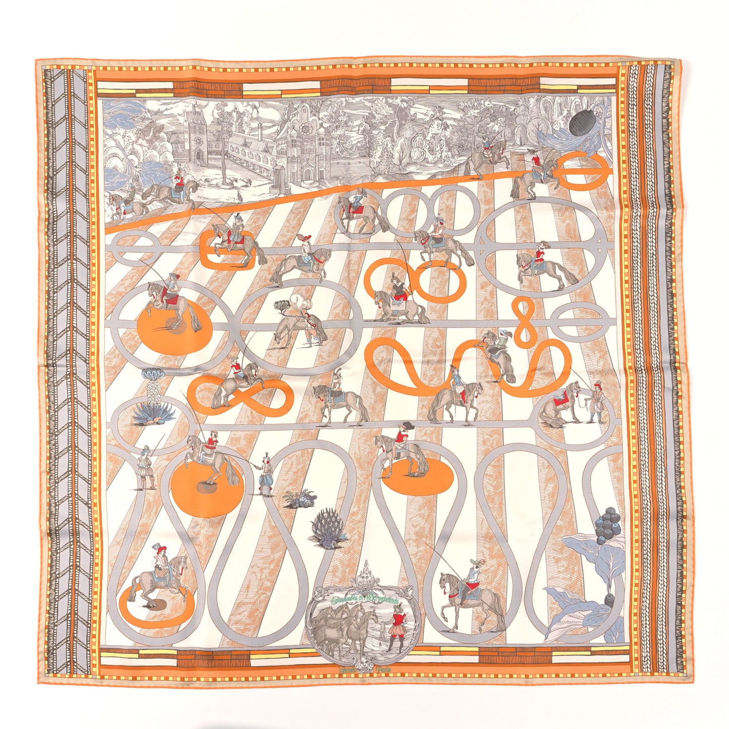 Silk Passades et Serpentines Double Face Scarf 90 Orange White Bleu