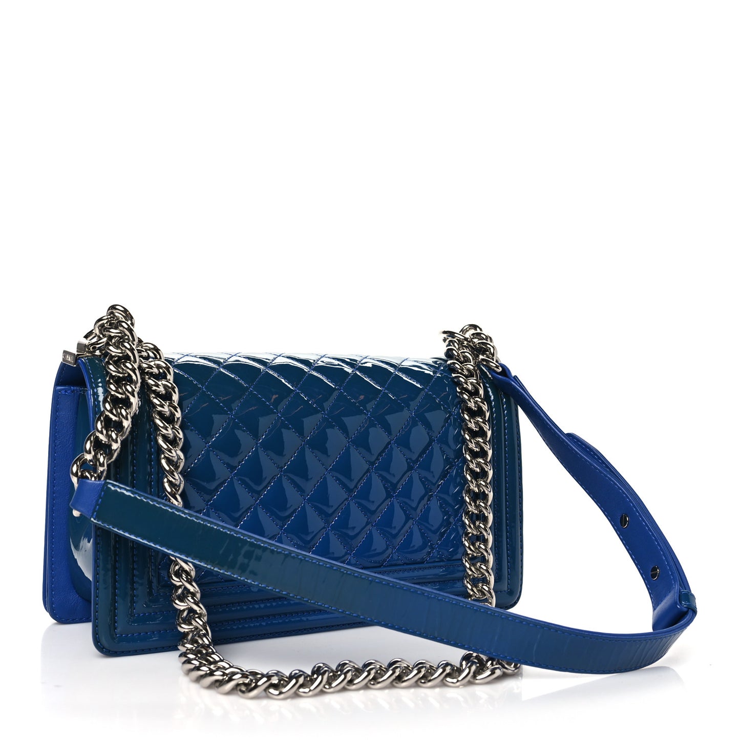 Patent Calfskin Quilted Medium Plexiglass Boy Flap Blue