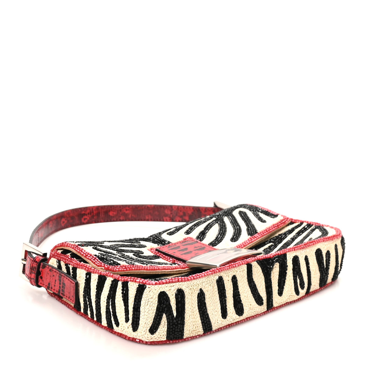 Silk Lizard Raffia Embroidery Tiger Print Baguette Re Edition 26424 Black Natural Dark Red