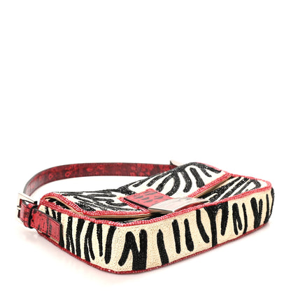Fendi Silk Lizard Raffia Embroidery Tiger Print Baguette Re Edition 26424 Black Natural Dark Red 4 of 10