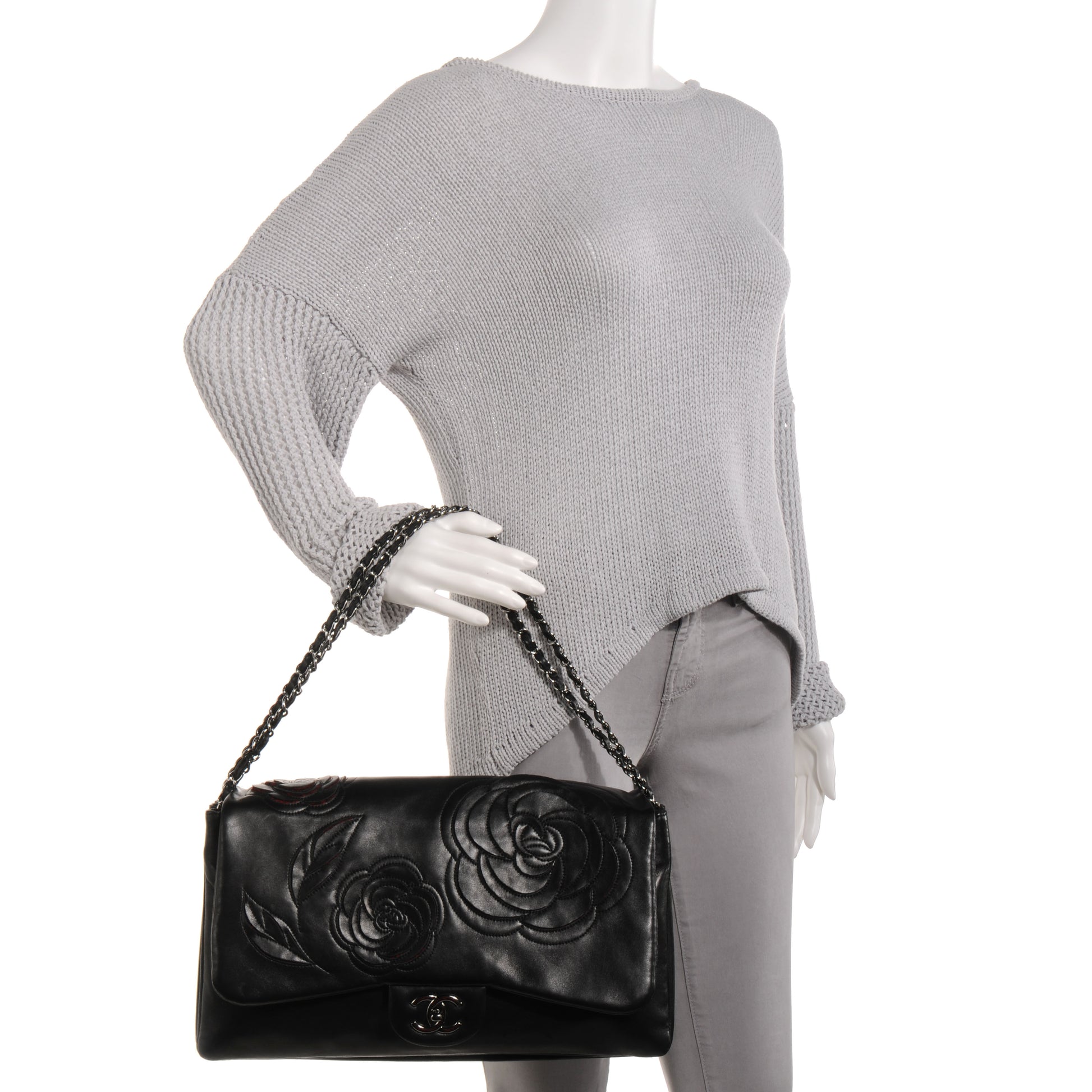 Chanel Lambskin Tweed Maxi Camellia Petals Flap Black 2 of 8