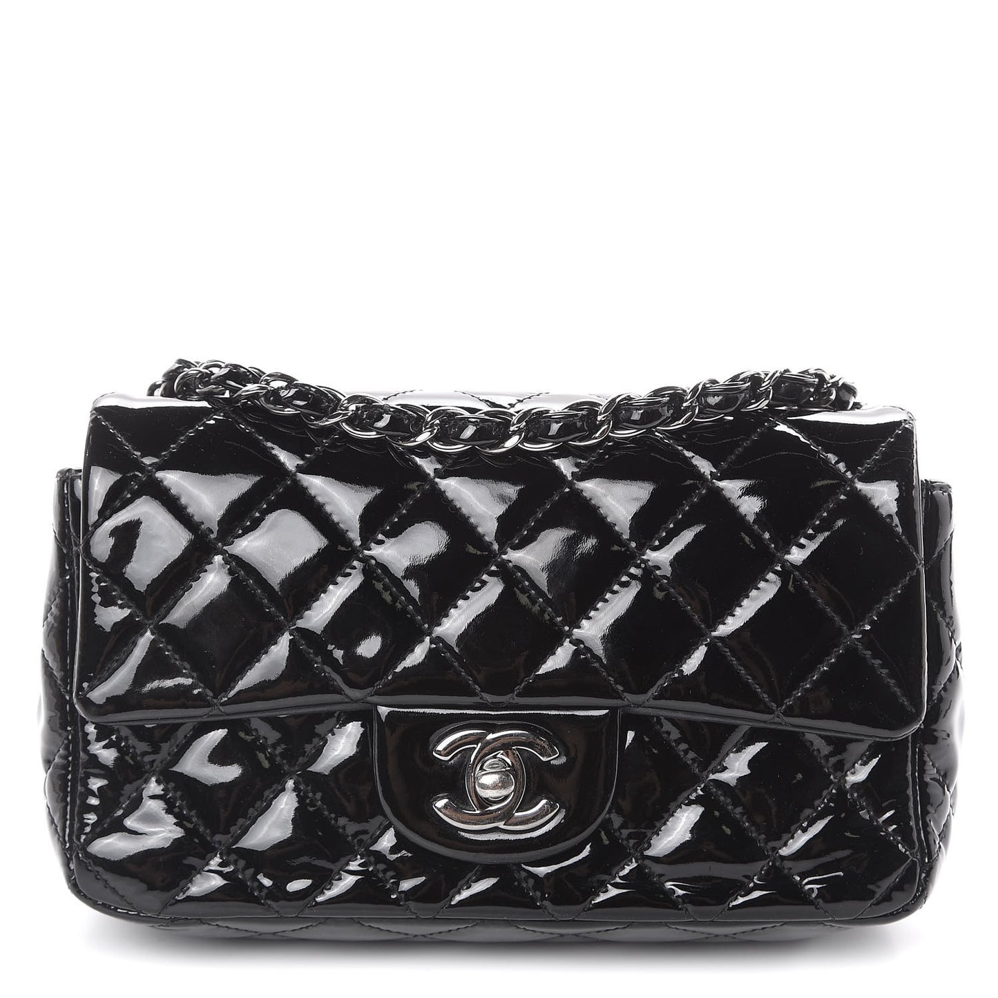 Patent Calfskin Quilted Mini Rectangular Flap Black