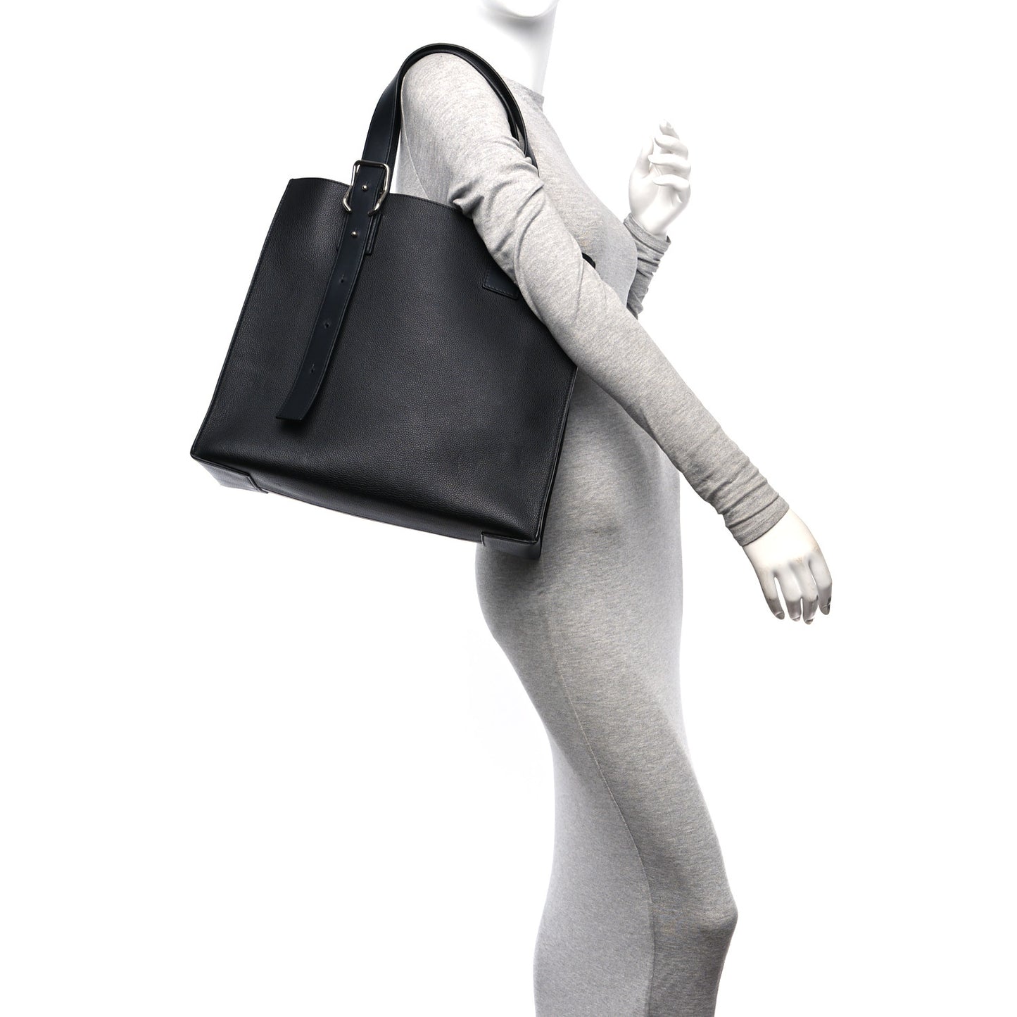 Soft Grained Calfskin Buckle Zip Tote Black