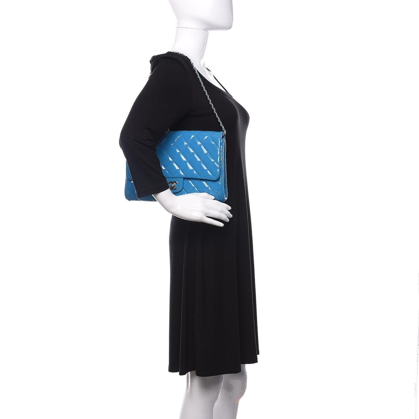 Patent Quilted Clutch with Chain Flap Blue