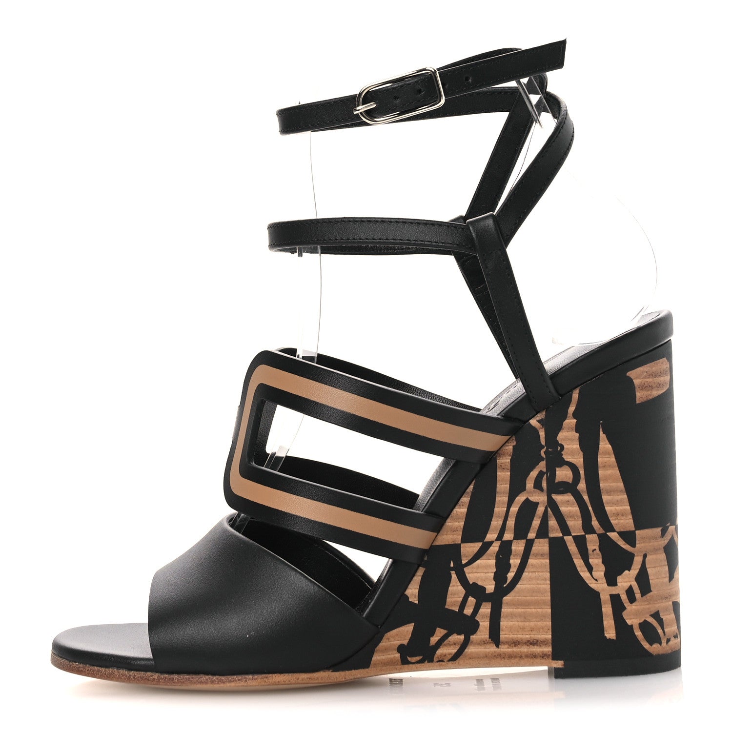 Hermes Calfskin Klara 100 Wedge Sandals 35 Black Natural 1 of 13