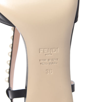 Fendi Calfskin Faux Pearl Embellished Bow Ankle Strap Heel 36 Black 7 of 9