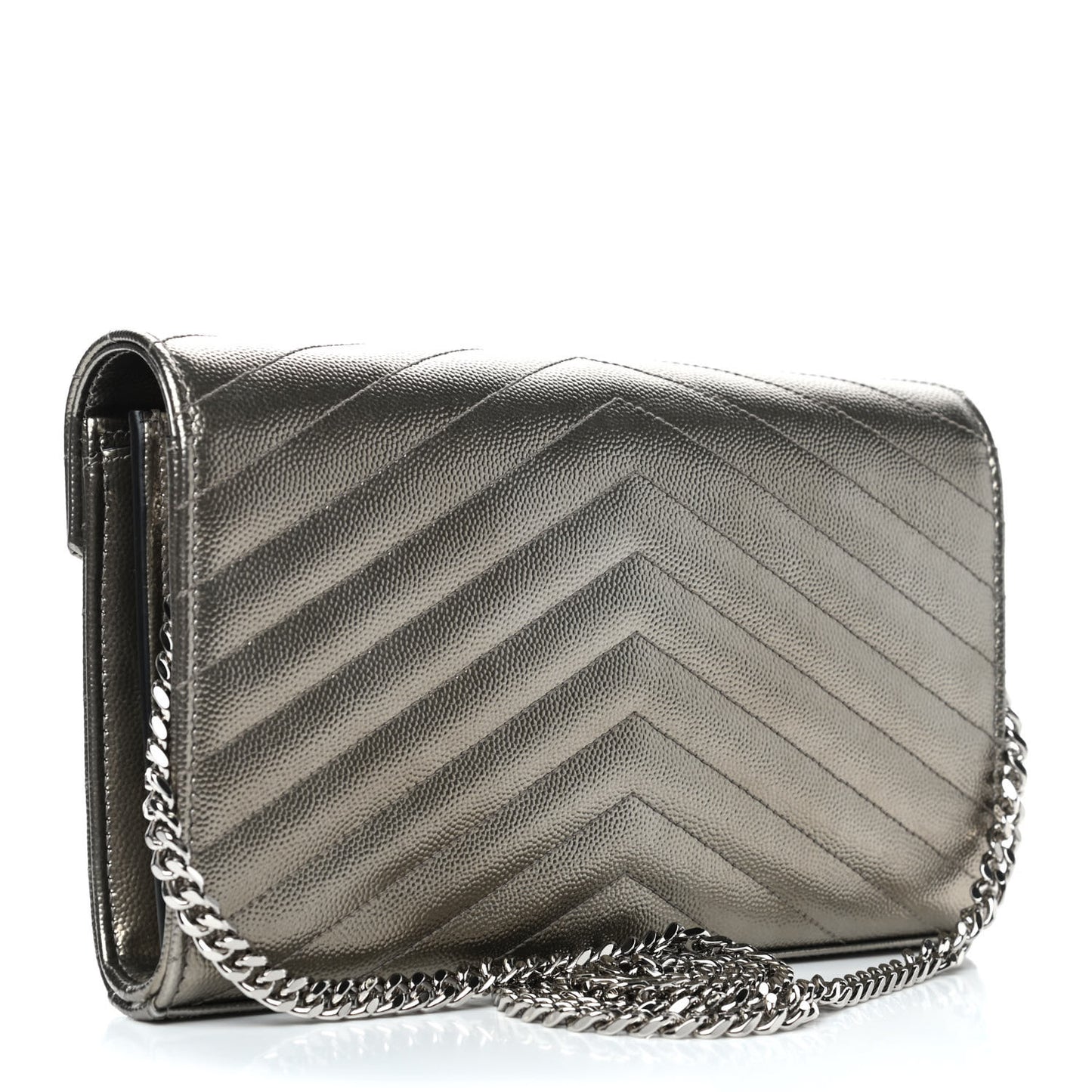 Metallic Grain De Poudre Matelasse Chevron Monogram Chain Wallet Piombo