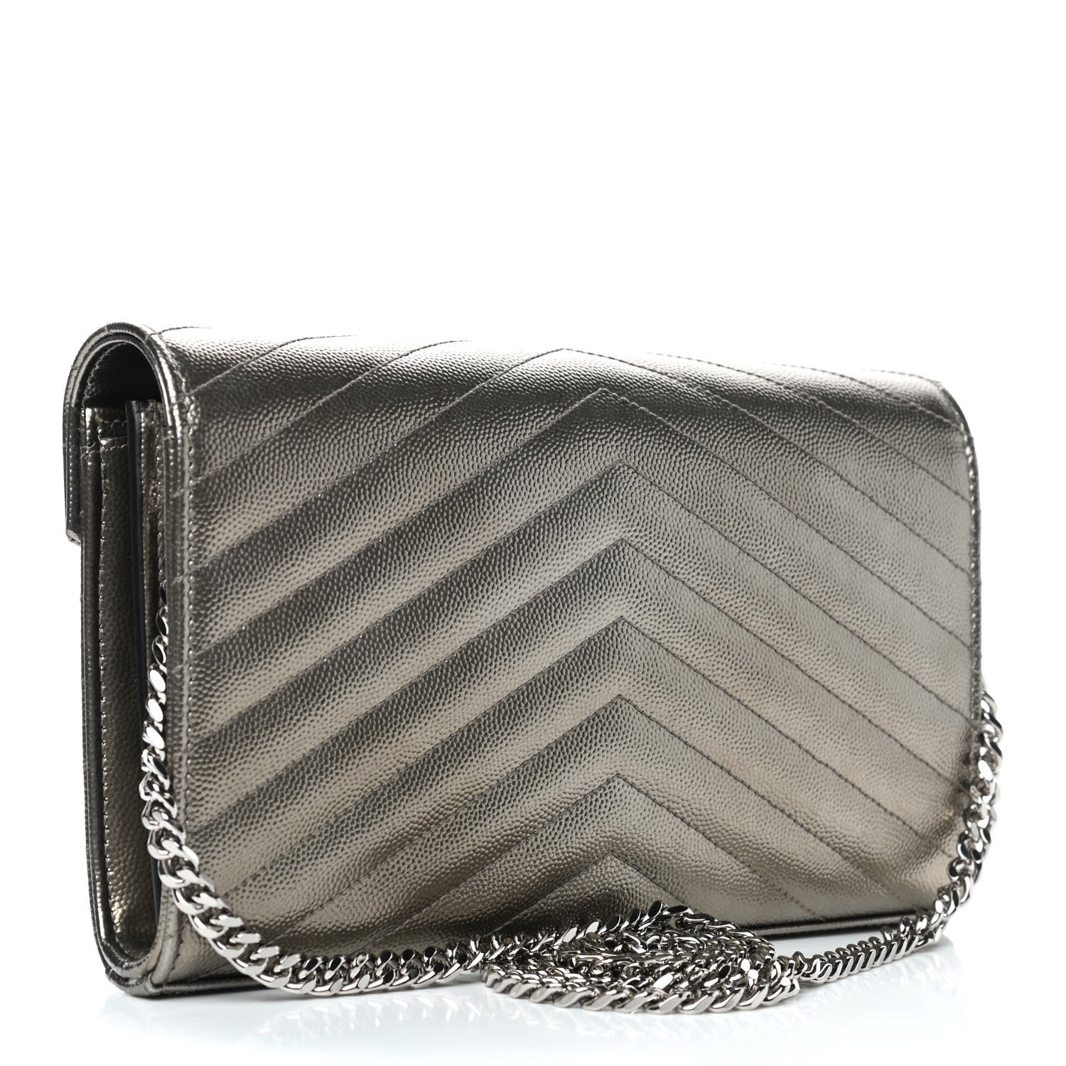 Saint Laurent Metallic Grain De Poudre Matelasse Chevron Monogram Chain Wallet Piombo 3 of 8