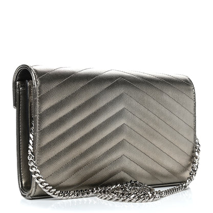 Saint Laurent Metallic Grain De Poudre Matelasse Chevron Monogram Chain Wallet Piombo 3 of 8