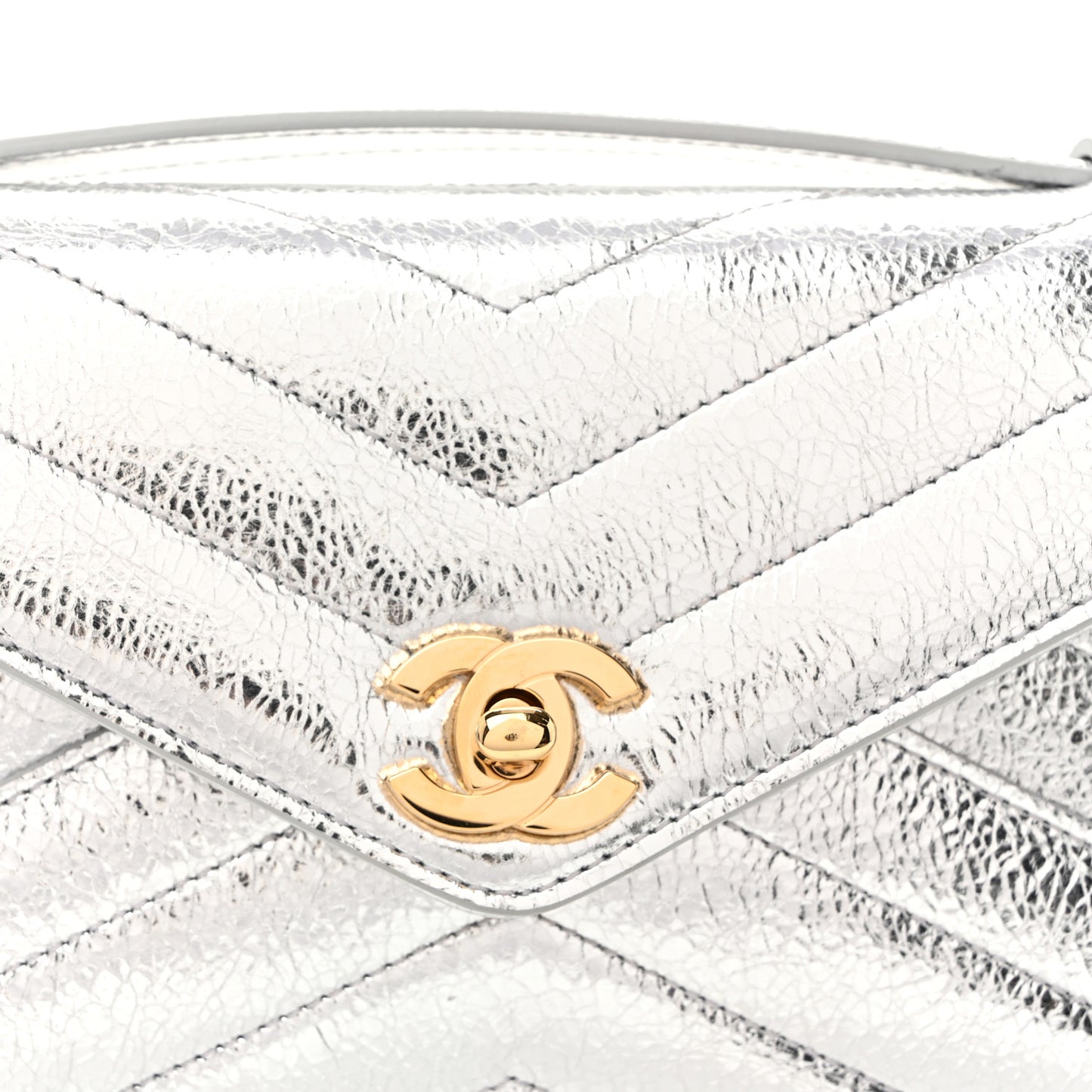 Metallic Aged Calfskin Chevron Quilted Top Handle Envelope Clutch Silver