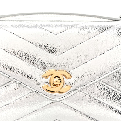 Chanel Metallic Aged Calfskin Chevron Quilted Top Handle Envelope Clutch Silver 8 of 10