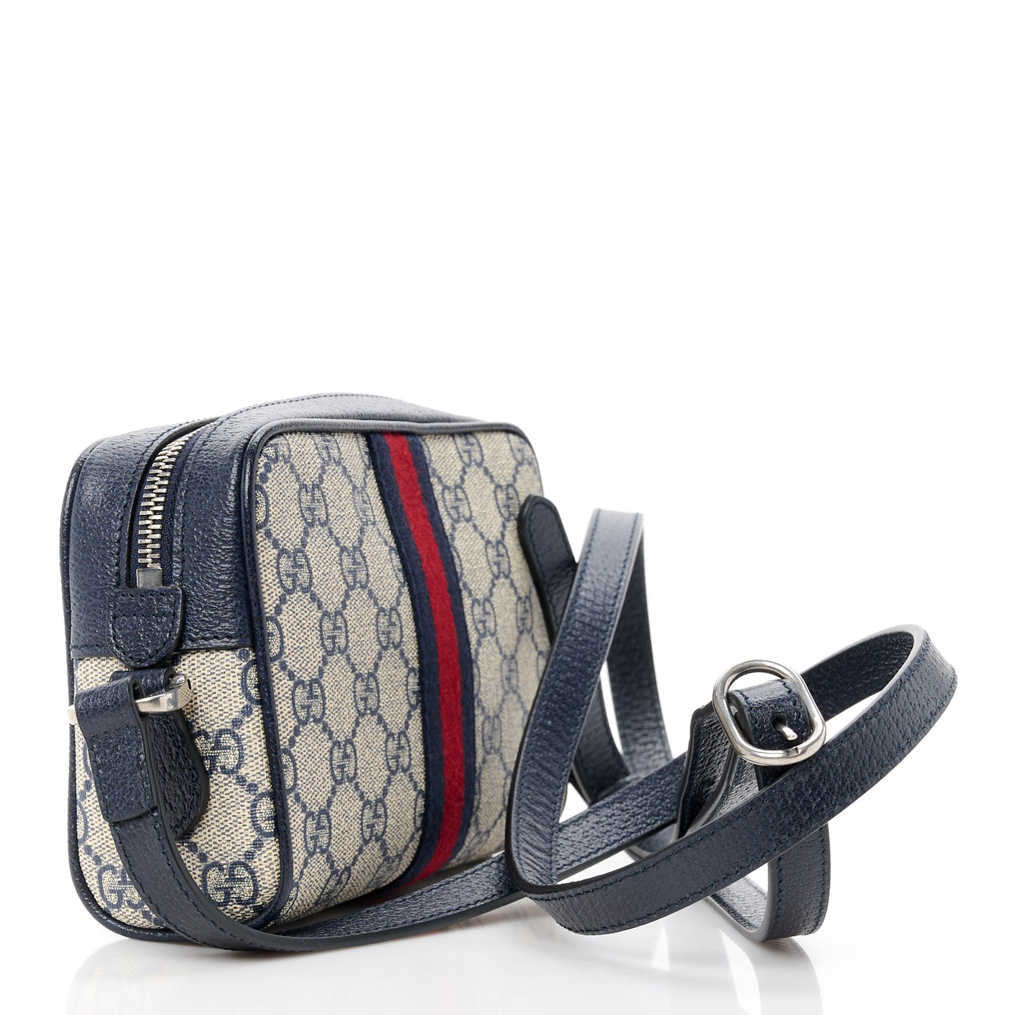 GG Supreme Monogram Textured Dollar Calfskin Web Mini Ophidia Shoulder Bag Beige Blue