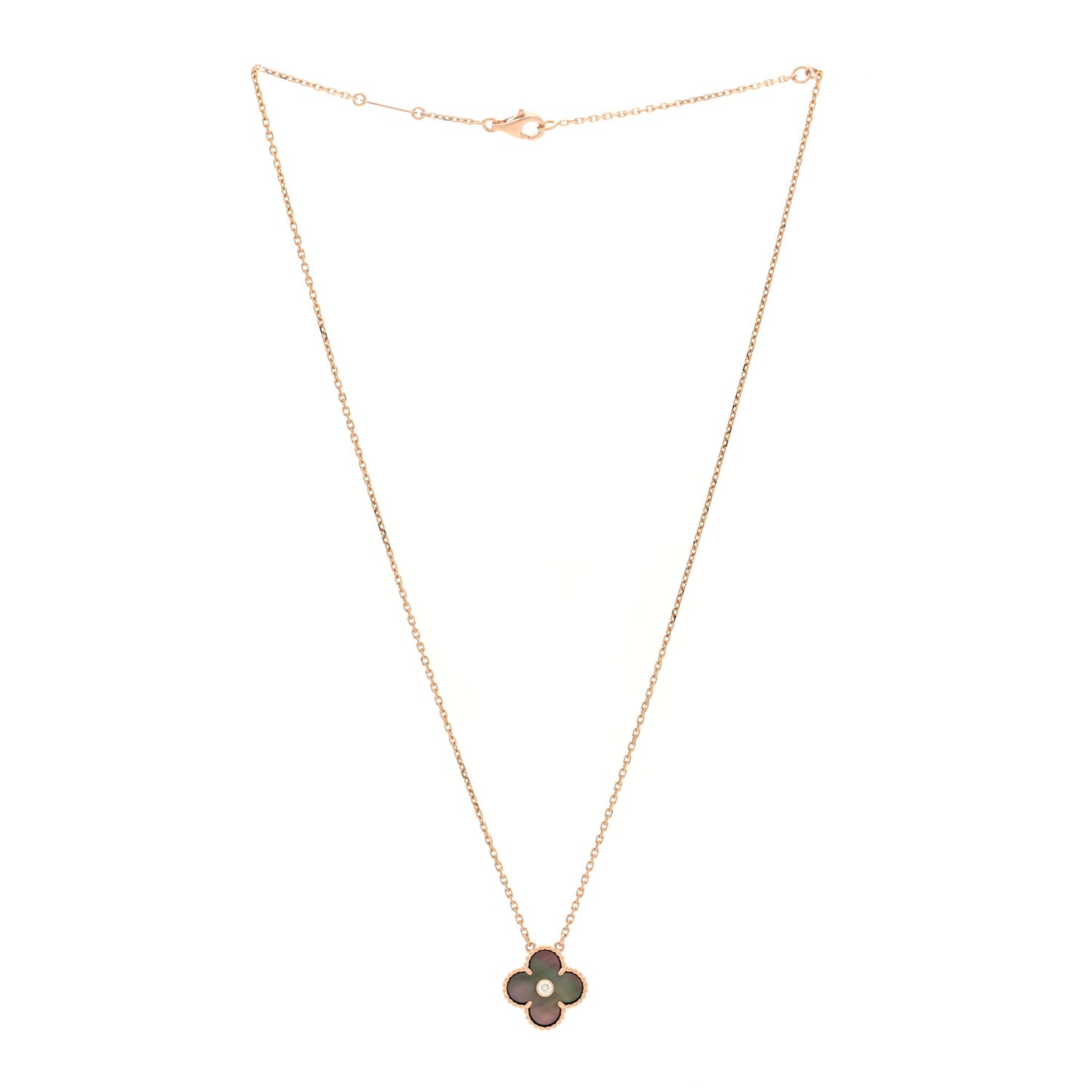 18K Rose Gold Diamond Grey Mother of Pearl Vintage Alhambra Pendant Necklace