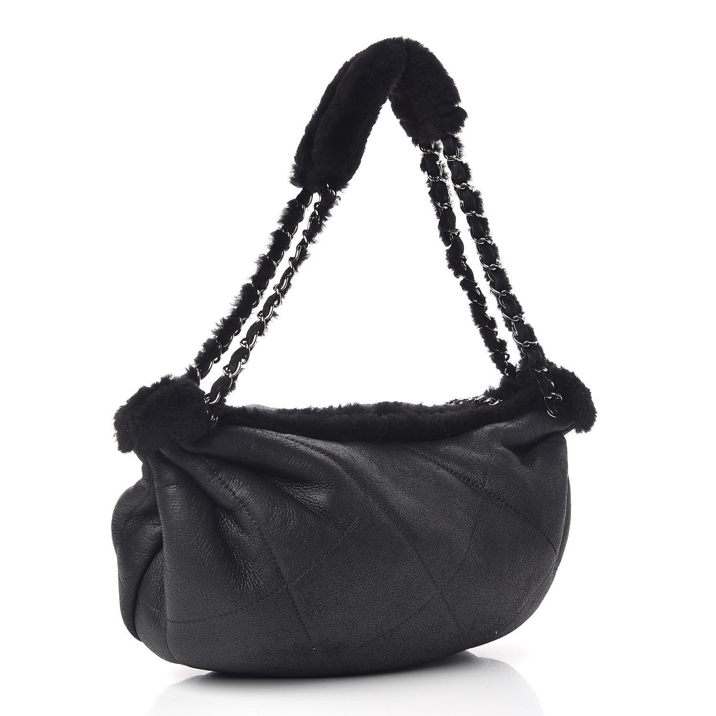 Shearling Suede Lambskin Stitched Hobo Black