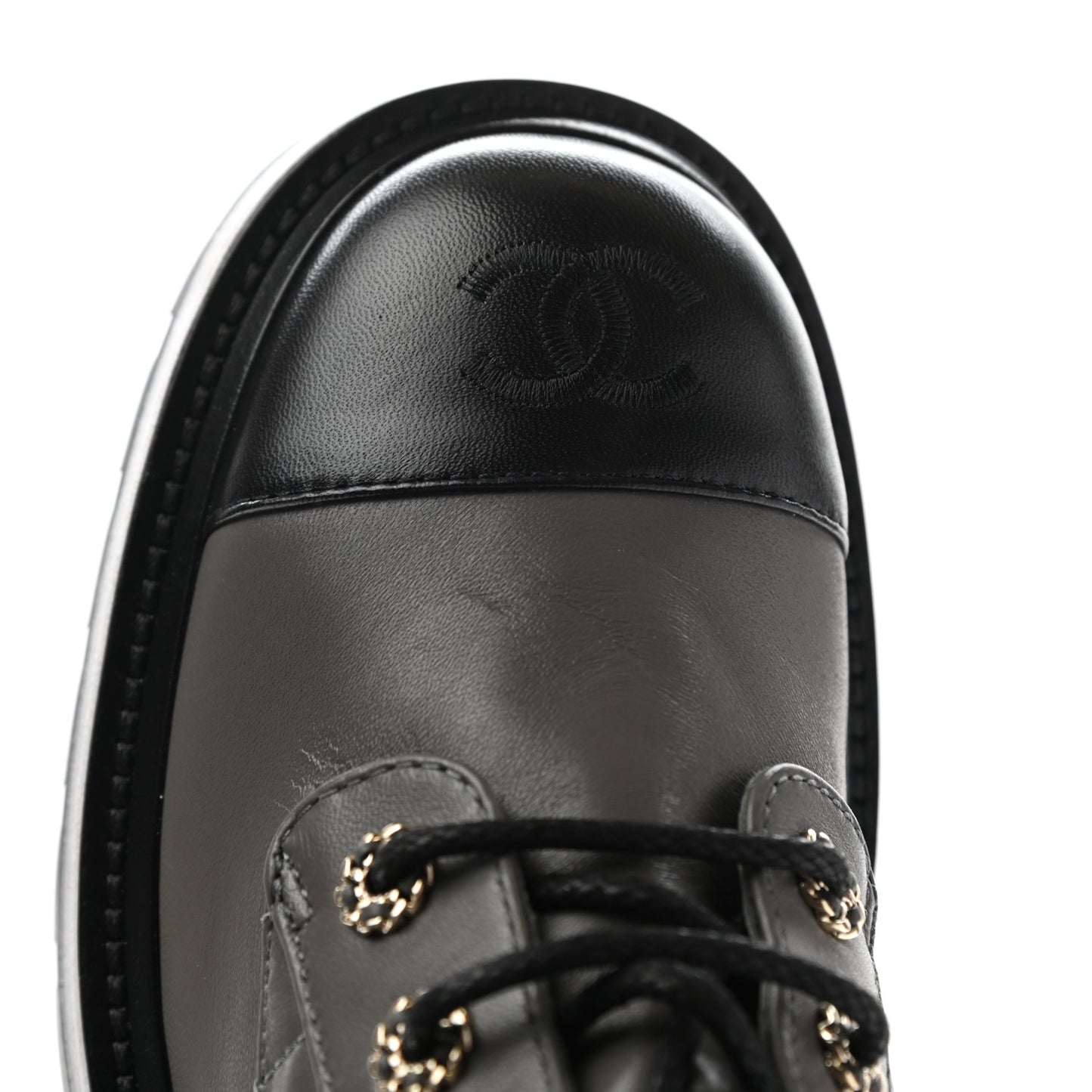 Shiny Lambskin Quilted Lace Up Combat Boots 38.5 Grey Black