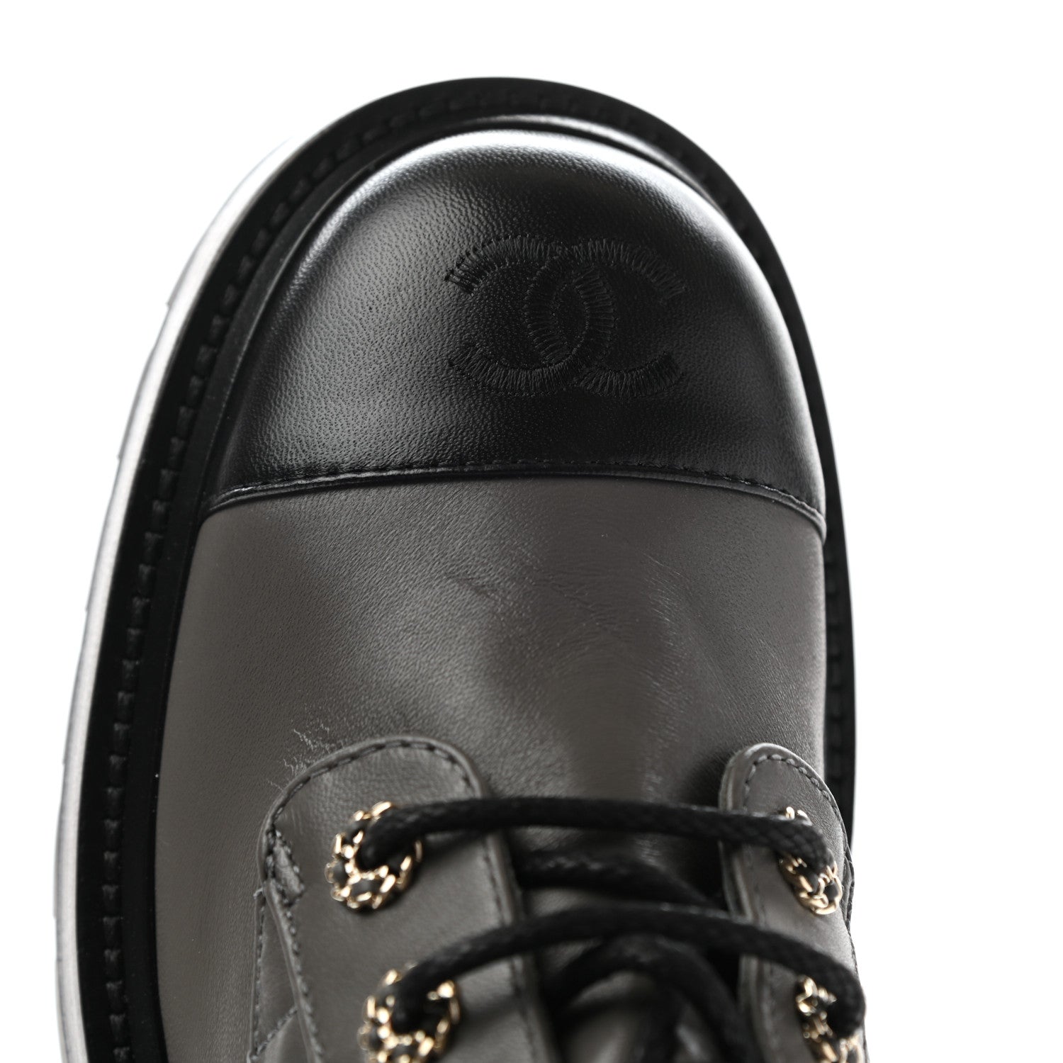 Chanel Shiny Lambskin Quilted Lace Up Combat Boots 38.5 Grey Black 11 of 13