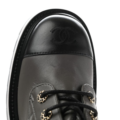 Chanel Shiny Lambskin Quilted Lace Up Combat Boots 38.5 Grey Black 11 of 13