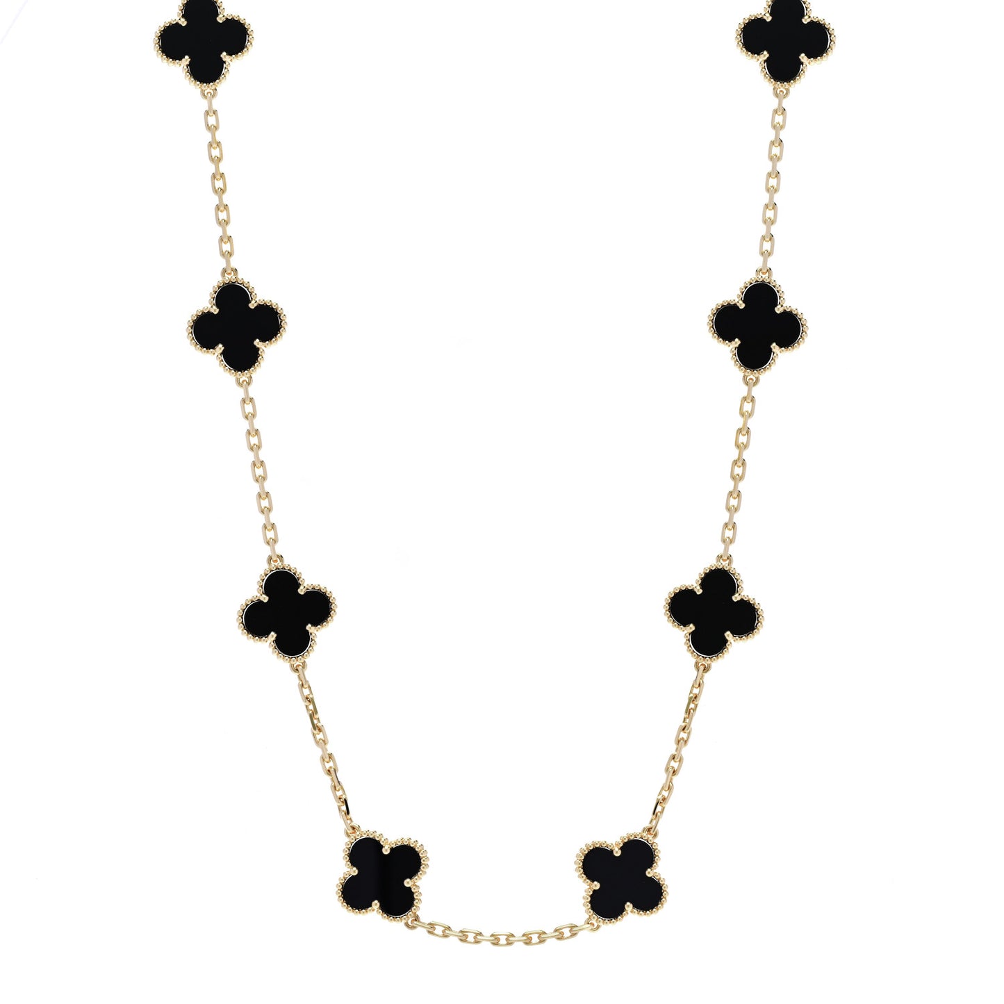 18K Yellow Gold Black Onyx 10 Motifs Vintage Alhambra Necklace