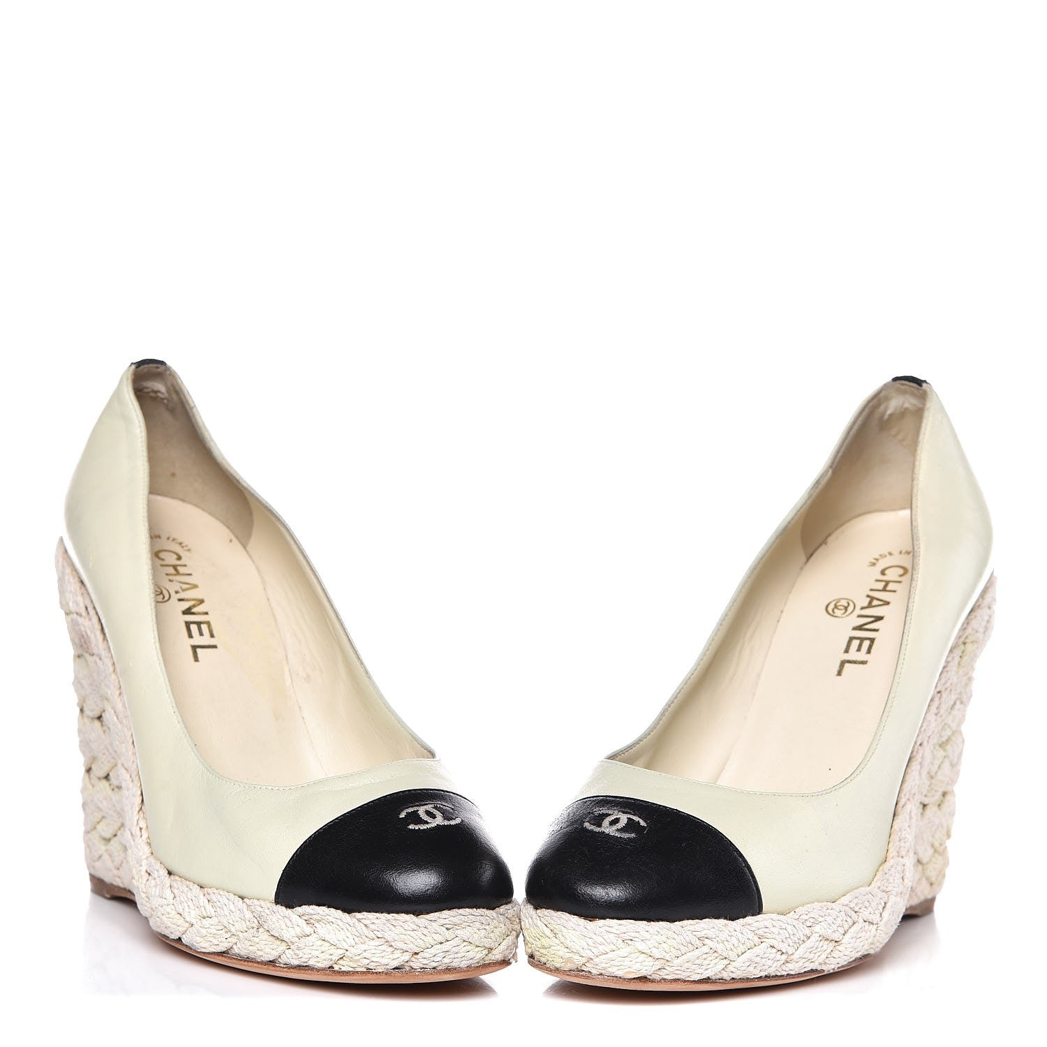 Chanel Lambskin Cap Toe Espadrille Wedge Pumps 40 Beige Black 5 of 20