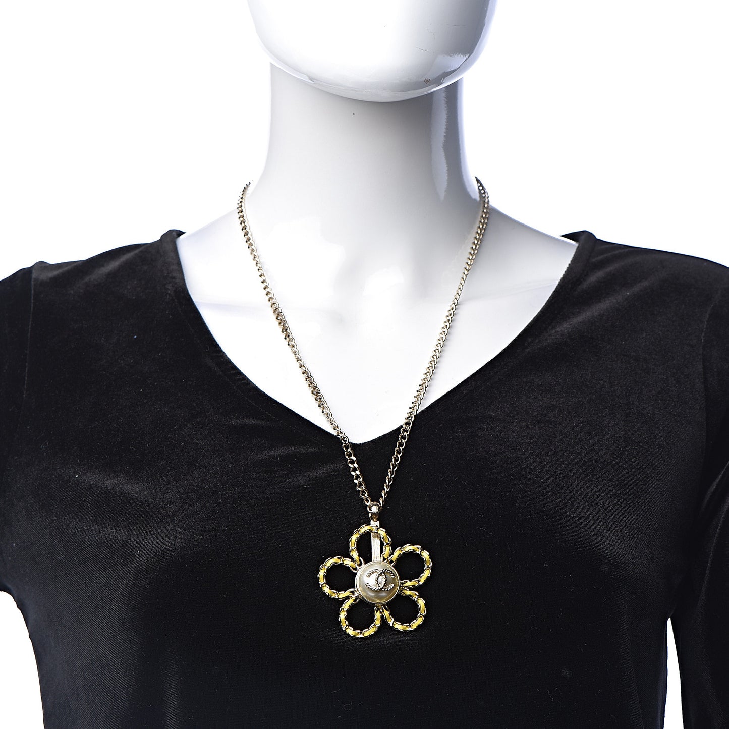 Pearl Lambskin Chain CC Flower Pendant Necklace Gold Yellow