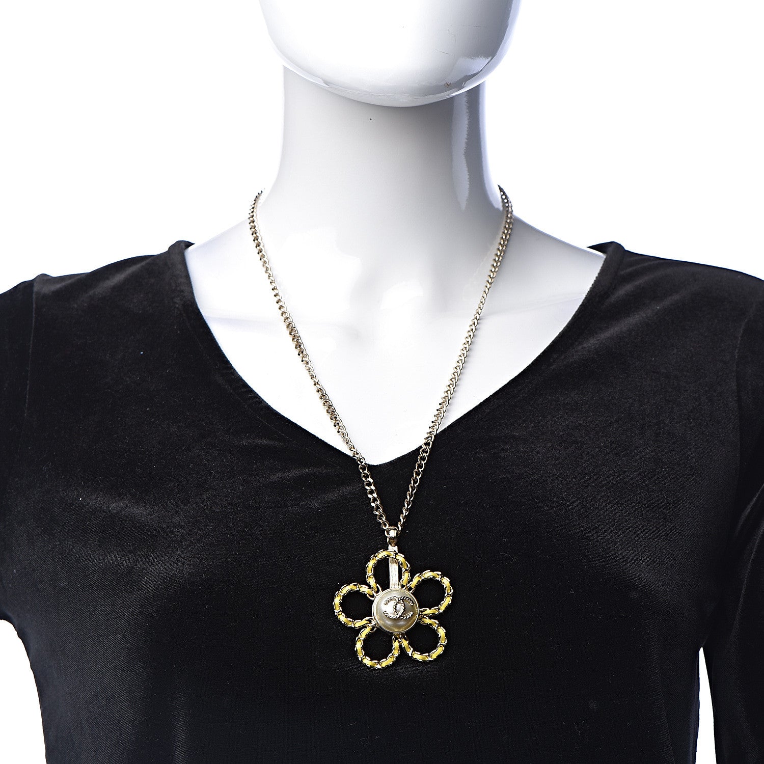 Chanel Pearl Lambskin Chain CC Flower Pendant Necklace Gold Yellow 2 of 7