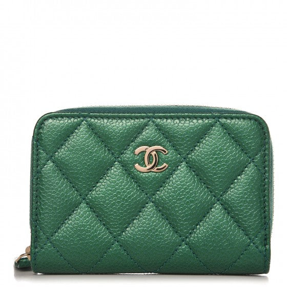 Metallic Caviar Quilted Zip Coin Purse Green