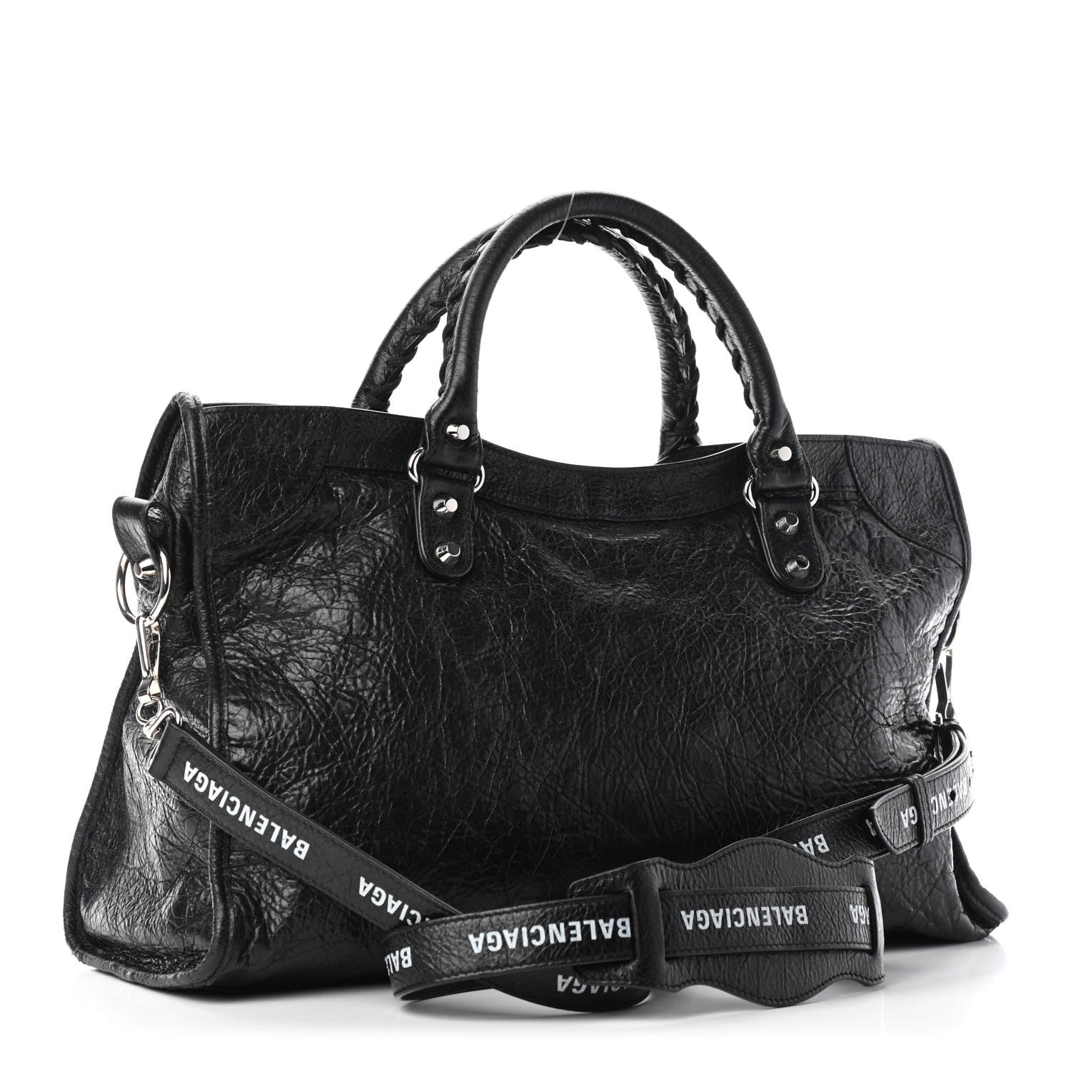 Balenciaga Agneau Classic Silver Hardware City Logo Strap Black White 2 of 6