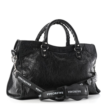 Balenciaga Agneau Classic Silver Hardware City Logo Strap Black White 2 of 6