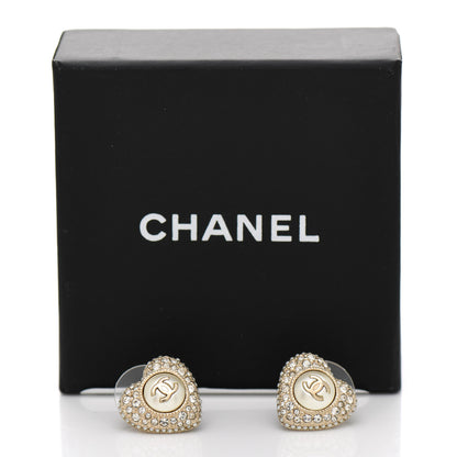 Chanel Pearl Crystal CC Heart Earrings Gold White 5 of 5