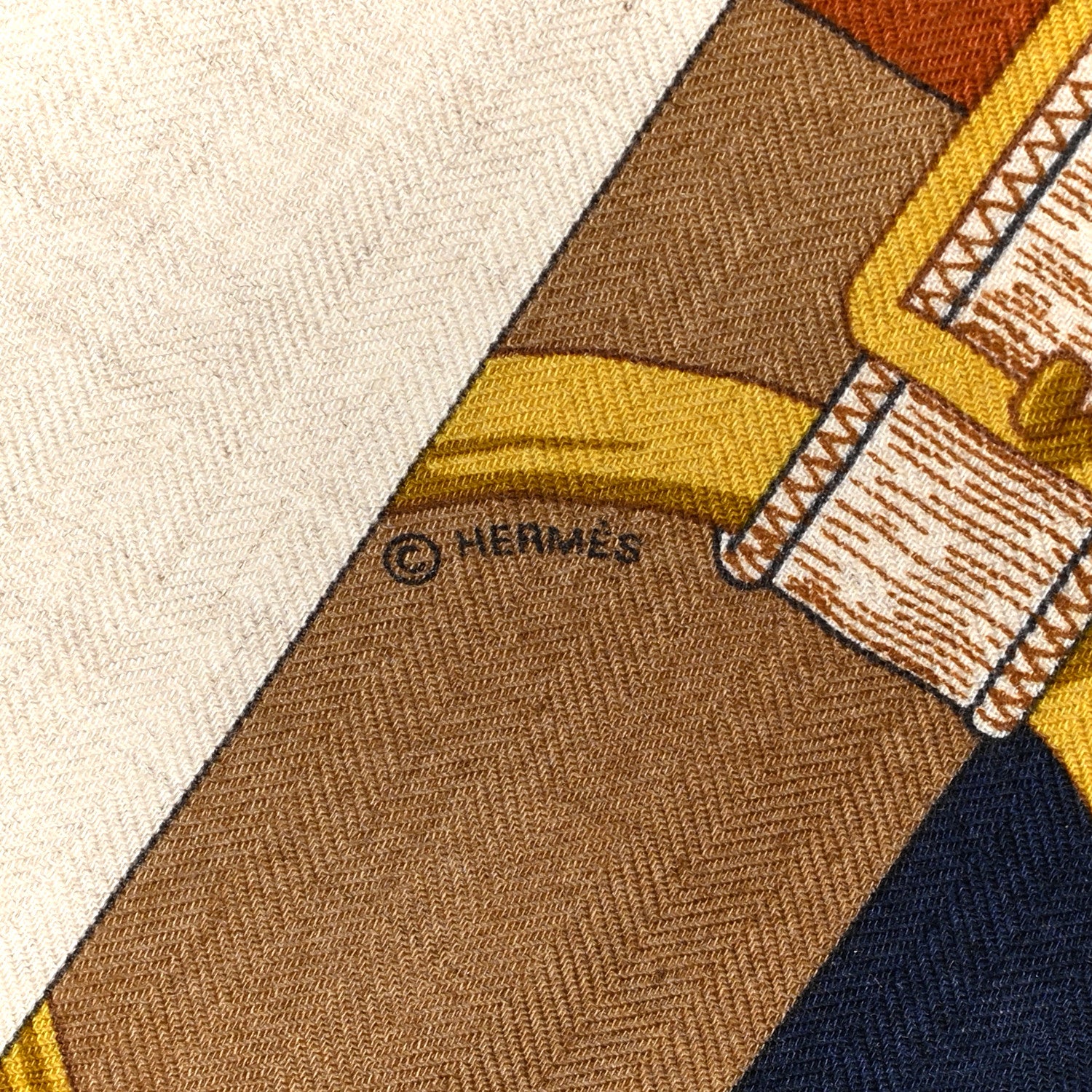 Hermes Cashmere Silk Encadre Eperon d'Or Scarf 90 Naturel Camel Marine 4 of 7