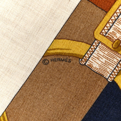 Hermes Cashmere Silk Encadre Eperon d'Or Scarf 90 Naturel Camel Marine 4 of 7