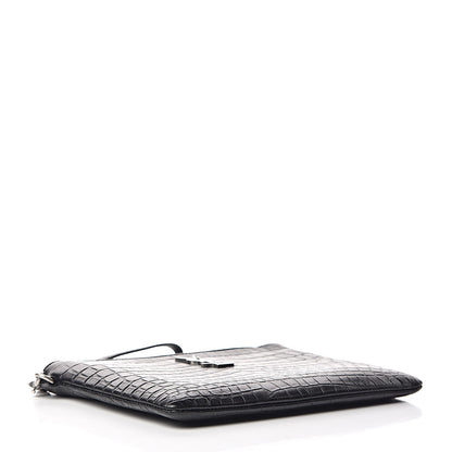 Saint Laurent Calfskin Crocodile Embossed Monogram Zip Pouch Black 4 of 10
