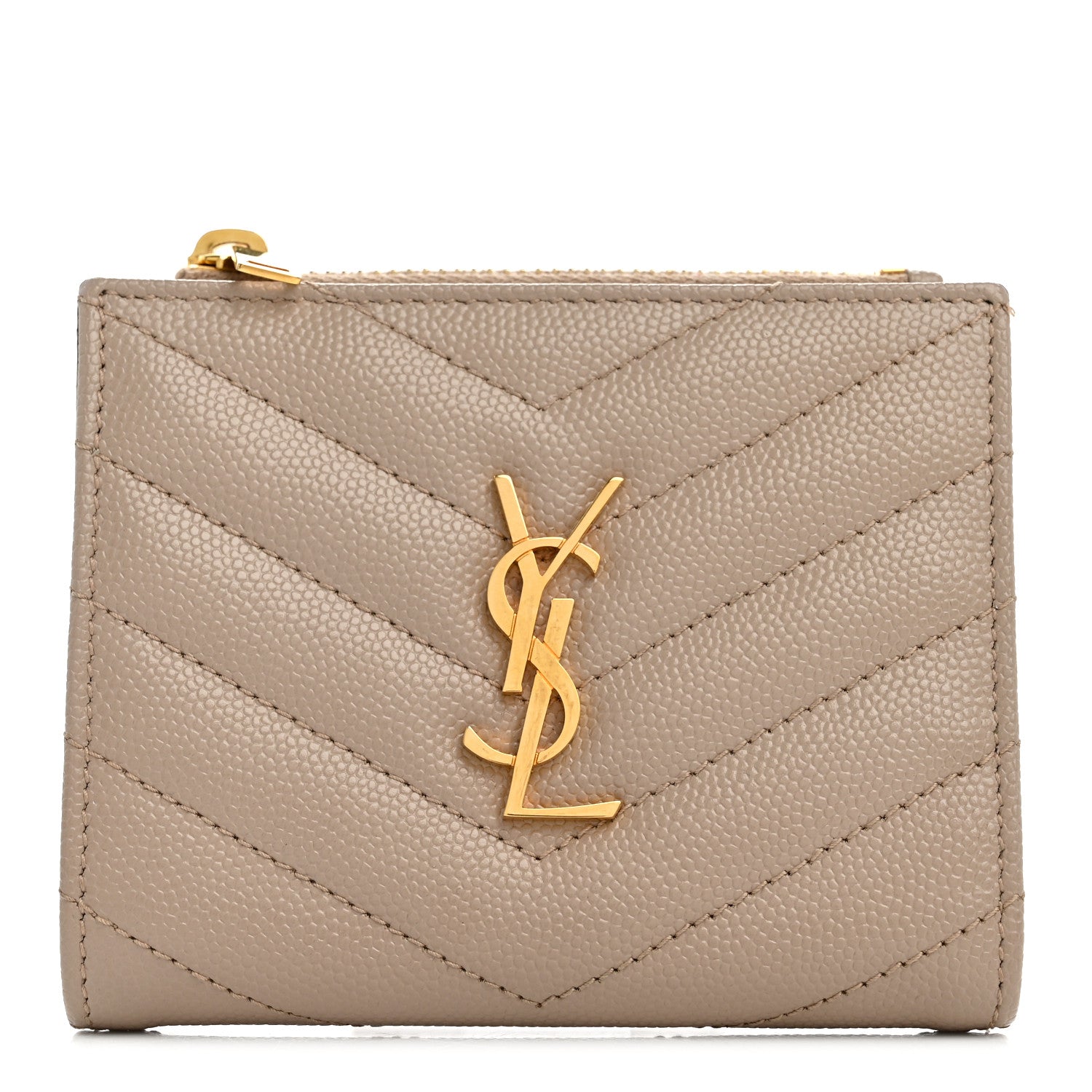 Saint Laurent Grain De Poudre Matelasse Chevron Monogram Zipped Card Case Dark Beige 1 of 8