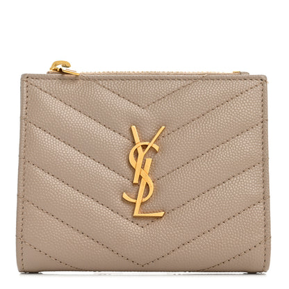 Saint Laurent Grain De Poudre Matelasse Chevron Monogram Zipped Card Case Dark Beige 1 of 8
