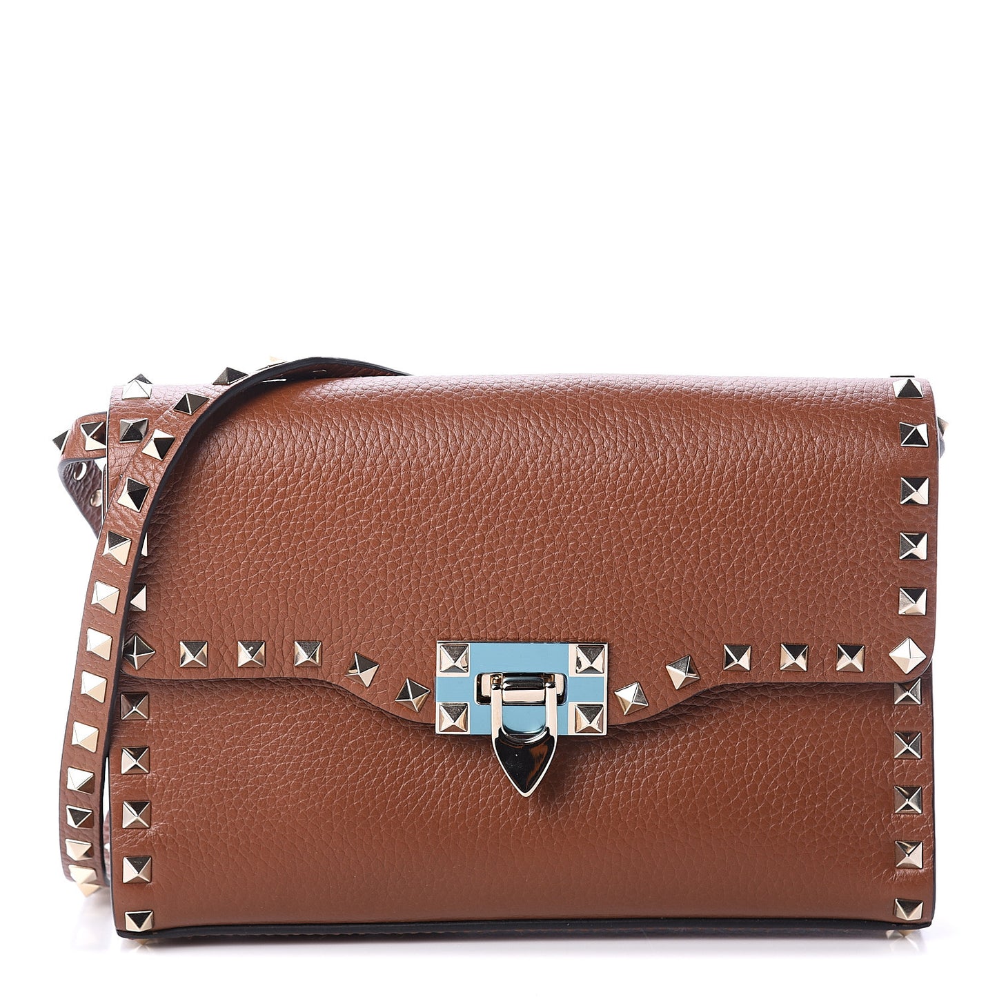 Pebbled Calfskin Medium Rockstud Flip Lock Crossbody Bag Bright Cognac