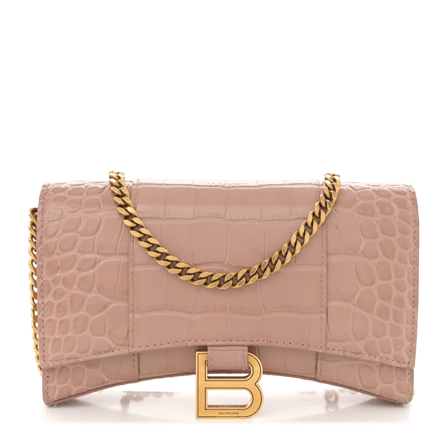 Shiny Calfskin Crocodile Embossed Hourglass Chain Bag Nude Beige