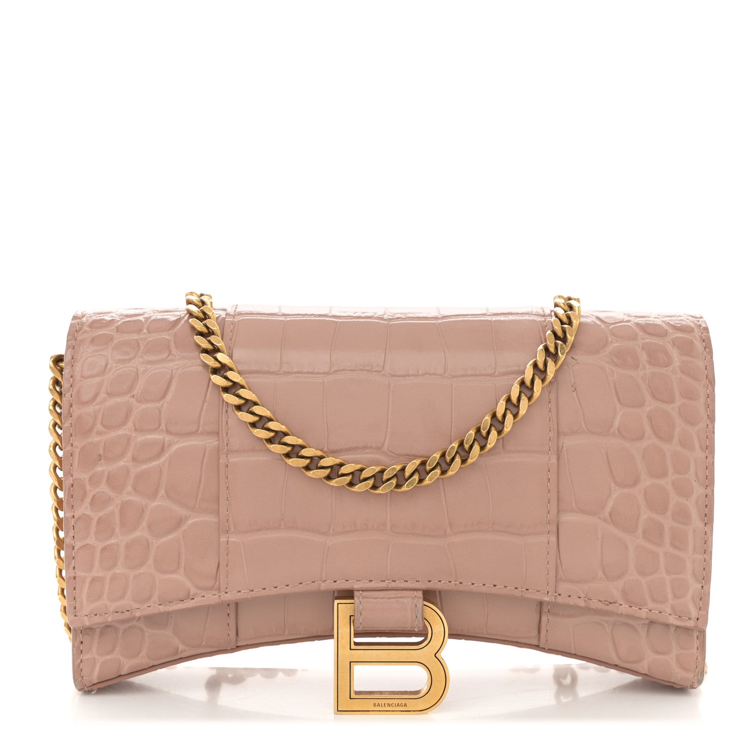 Balenciaga Shiny Calfskin Crocodile Embossed Hourglass Chain Bag Nude Beige 1 of 11