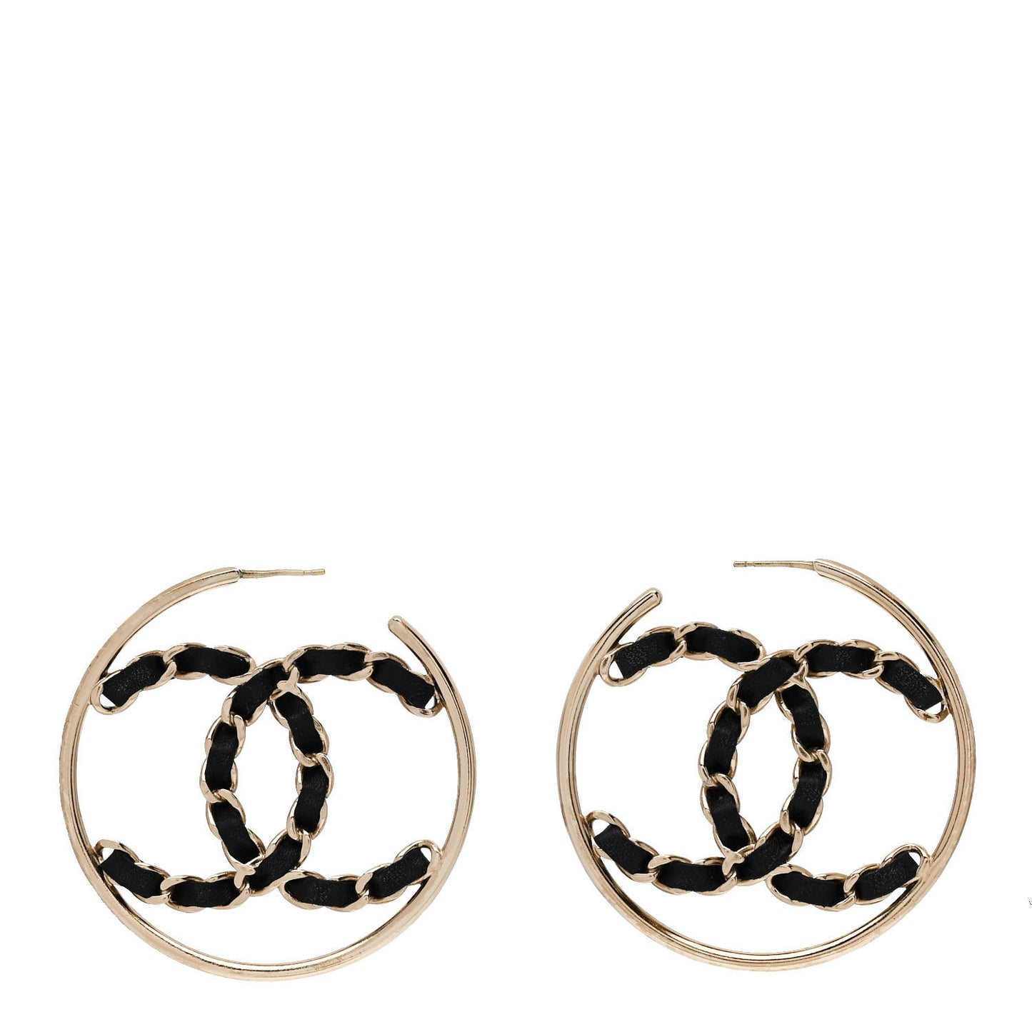 Lambskin CC Chain Hoop Earrings Black Gold