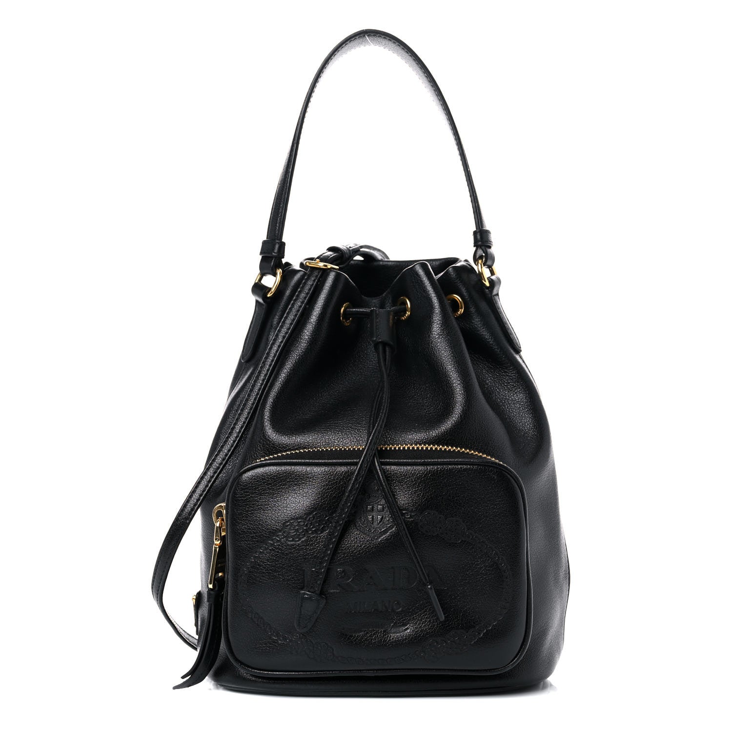 Prada Glace Calfskin Embossed Secchiello Bucket Bag Black 1 of 14