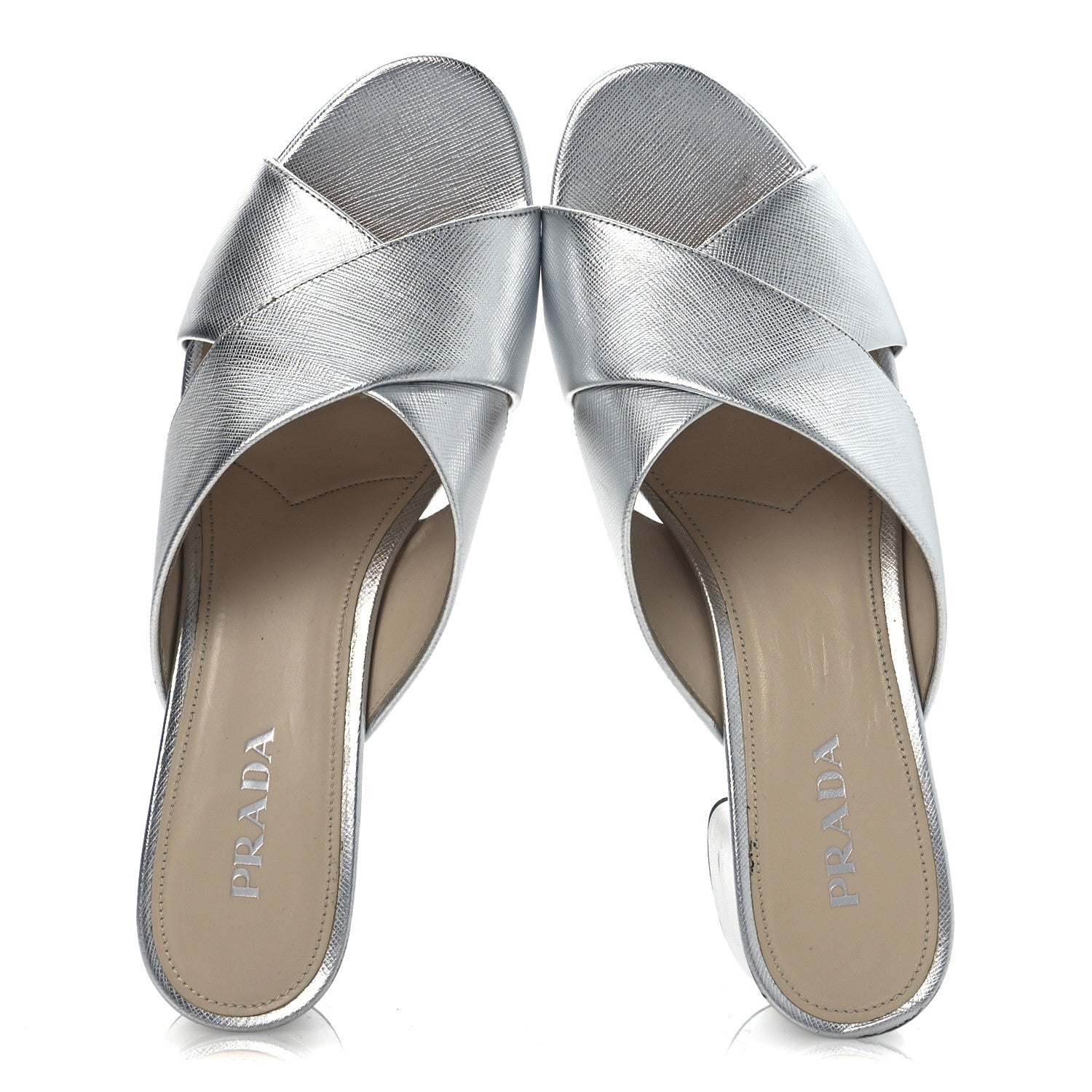 Prada Metallic Saffiano Crisscross Platform Sandals 41 Silver 2 of 16