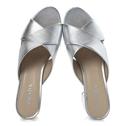 Prada Metallic Saffiano Crisscross Platform Sandals 41 Silver 2 of 16