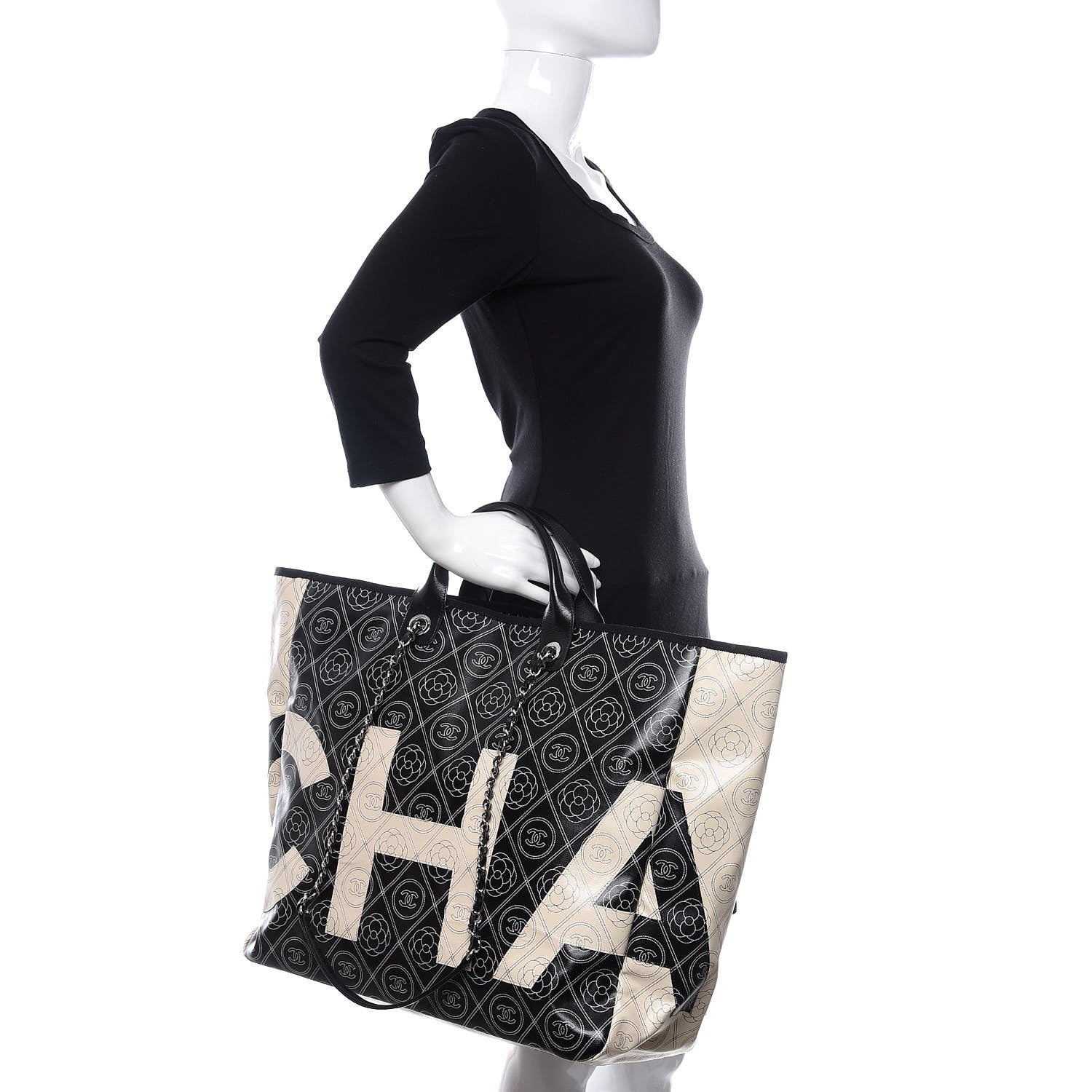 Chanel Coated Canvas Camellia Large Shopping Tote Black Beige 2 of 11