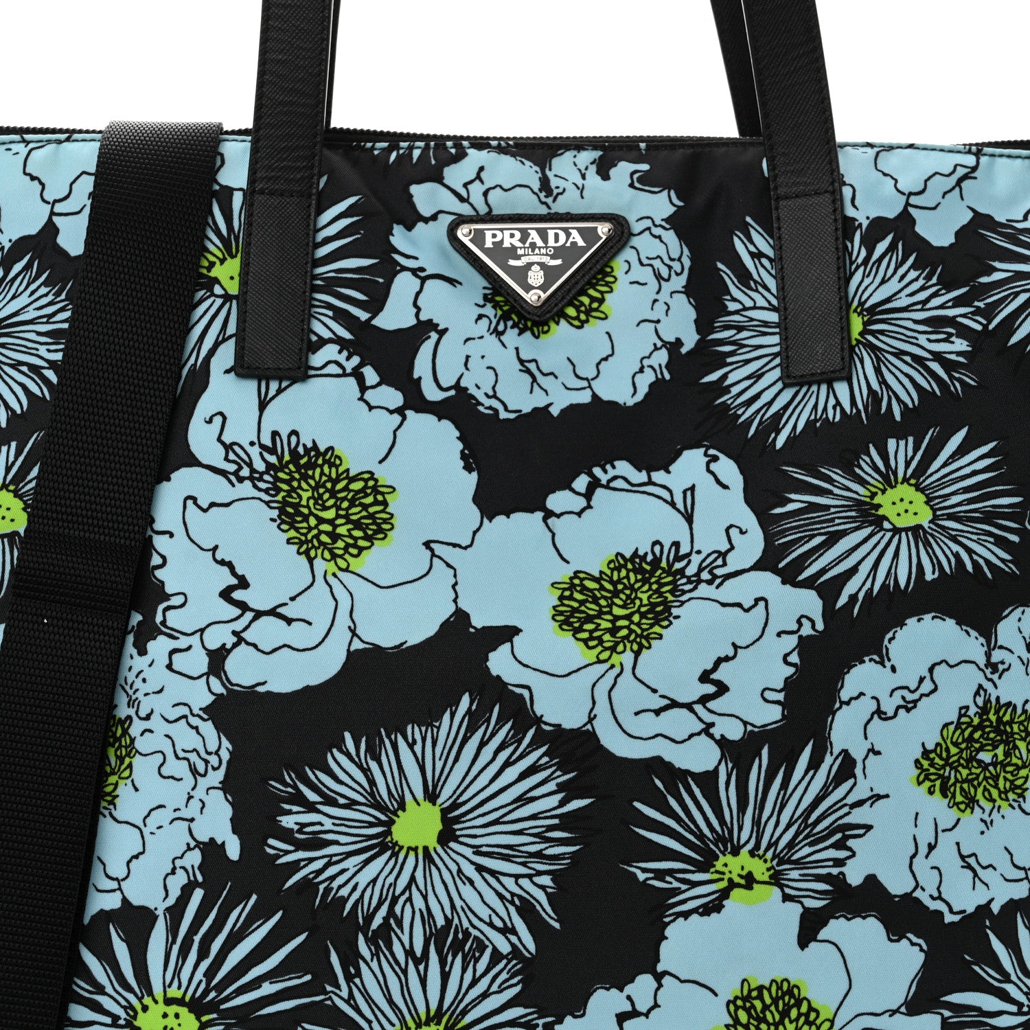 Prada Tessuto Nylon Saffiano Floral Print Tote Black Blue Multicolor 8 of 14