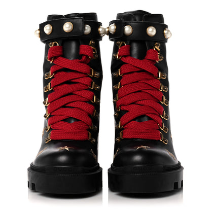 Gucci Calfskin Embroidered Lace Up Combat Ankle Boots 37 Black 2 of 14