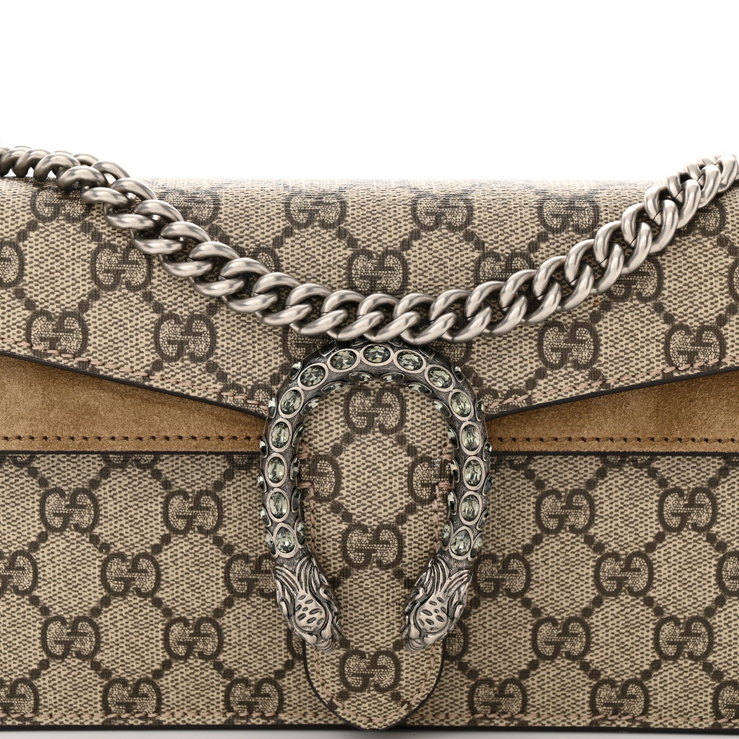 Gucci GG Supreme Monogram Suede Crystal Small Dionysus Shoulder Bag Beige Ebony Taupe 8 of 12